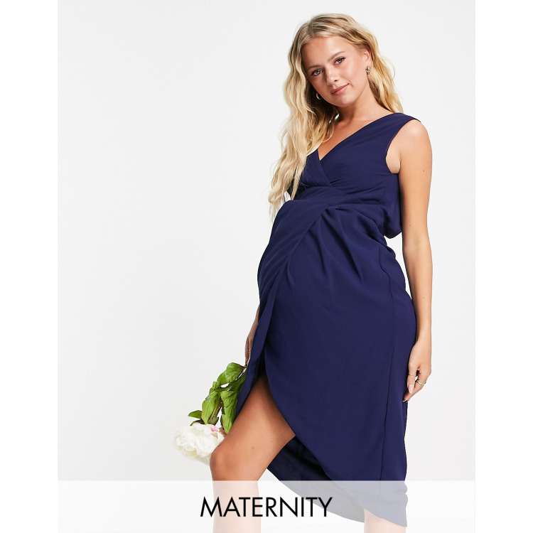 TFNC Maternity Bridesmaid wrap midi dress in navy ASOS