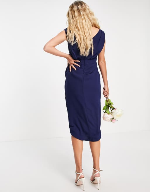 TFNC Maternity Bridesmaid wrap midi dress in navy, 2 of 4