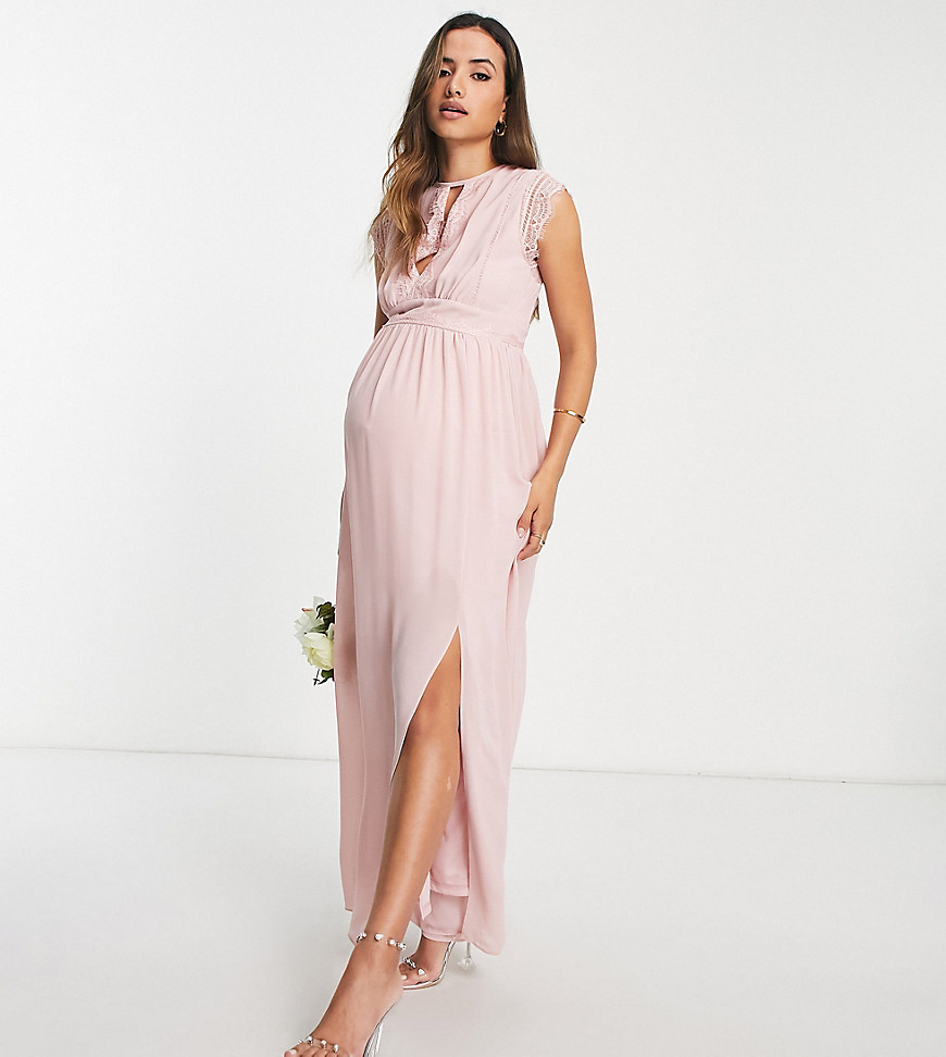 TFNC Maternity Bridesmaids chiffon maxi dress with lace detail in mauve-Pink