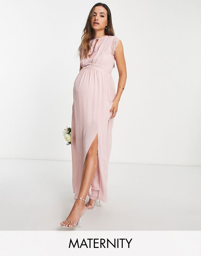 TFNC Maternity Bridesmaids chiffon maxi dress with lace detail in mauve