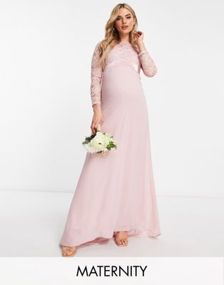 Bridesmaids chiffon maxi dress with lace scalloped back and long sleeves in mauve-Pink