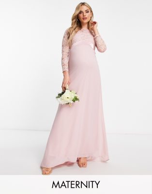 TFNC Maternity TFNC Maternity Bridesmaids chiffon maxi dress with lace scalloped back and long sleeves in mauve-Pink