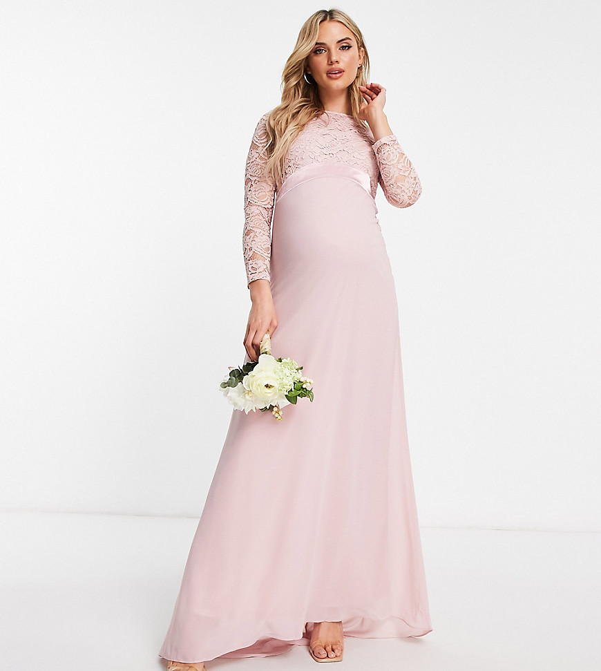 Bridesmaids chiffon maxi dress with lace scalloped back and long sleeves in mauve-Pink