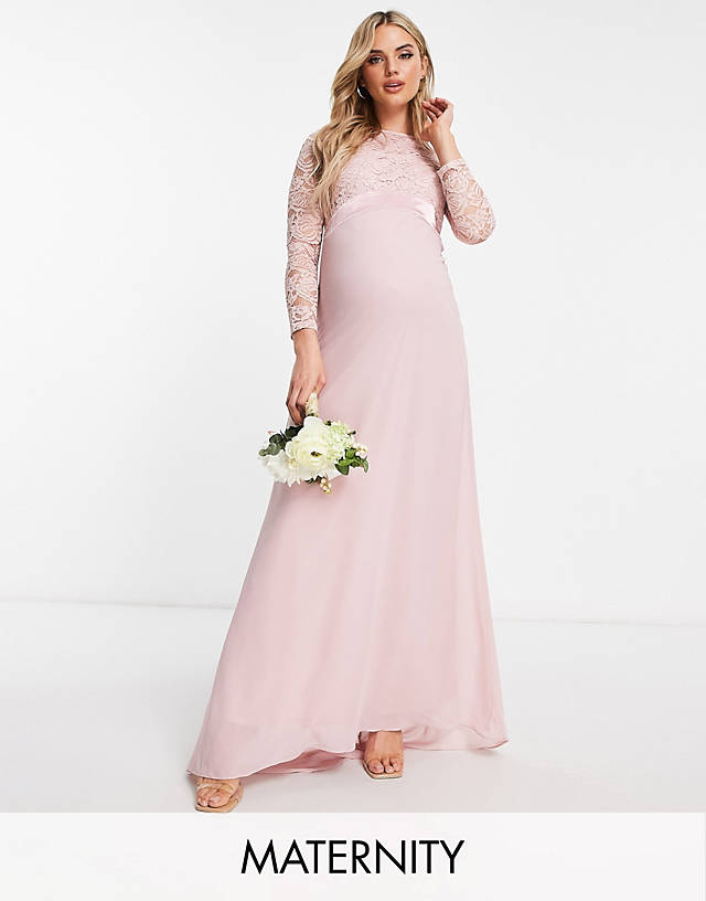 TFNC Maternity Bridesmaids chiffon maxi dress with lace scalloped back and long sleeves in mauve