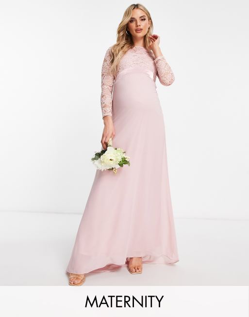 TFNC Maternity Bridesmaids chiffon maxi dress with lace scalloped back and  long sleeves in mauve