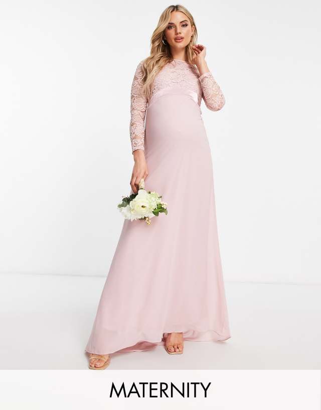 TFNC Maternity Bridesmaids chiffon maxi dress with lace scalloped back and long sleeves in mauve