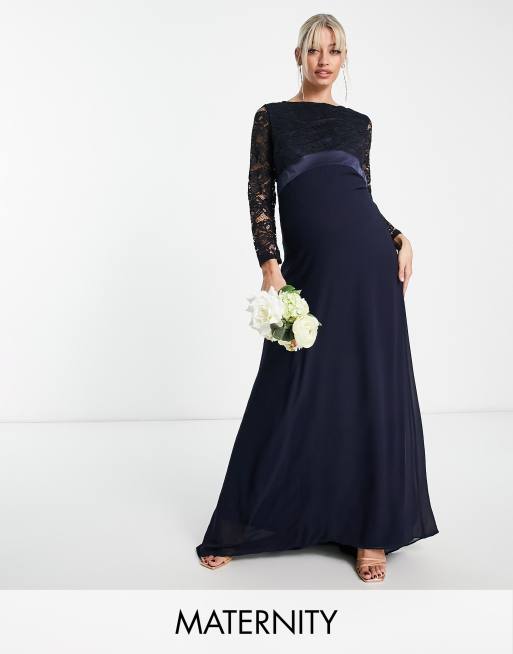 TFNC Maternity Bridesmaids chiffon maxi dress with lace scalloped back and long sleeves in navy ASOS