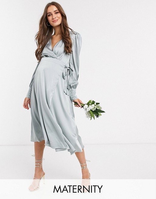 TFNC Maternity bridesmaid long sleeve wrap front sateen midi dress with belt in sage