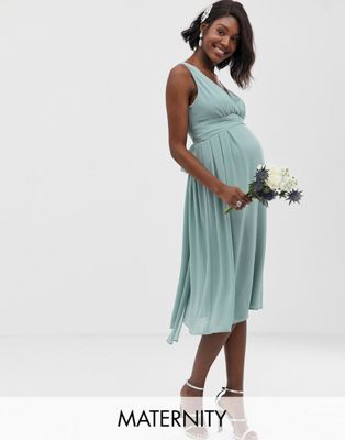 TFNC Maternity - Exclusieve bruidsmeisjes minijurk met overslag en strik aan de achterkant in salie-Groen