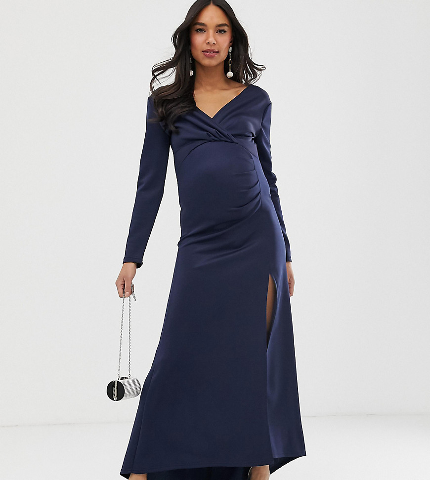 TFNC Maternity - Lange jurk van scuba met overslag in marineblauw