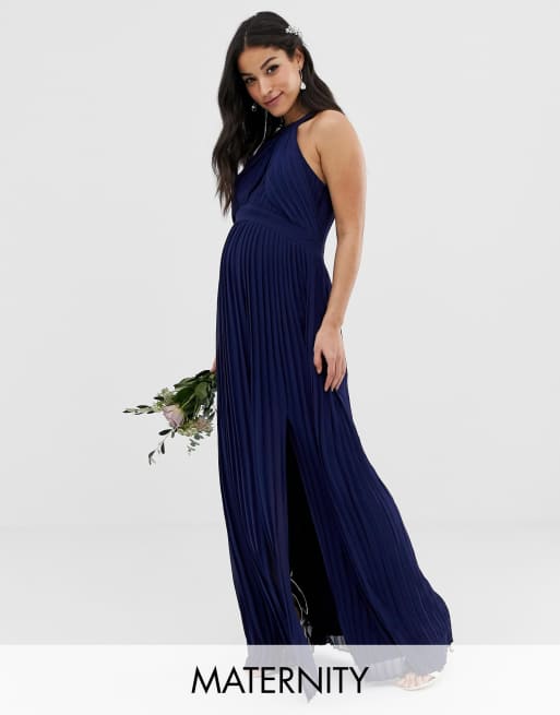 TFNC Maternity – Marineblaues, plissiertes Maxi-Brautjungfernkleid