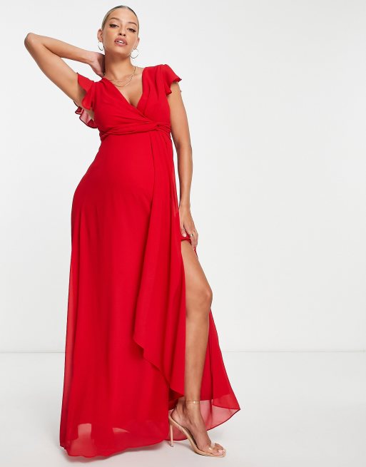 TFNC Maternity - Robe longue à volants de demoiselle d'honneur avec manches évasées - Rouge, 4 de 4