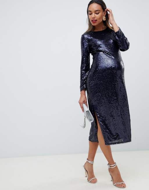 Tfnc Maternity Sequin Bodycon Midi Dress In Navy Asos 