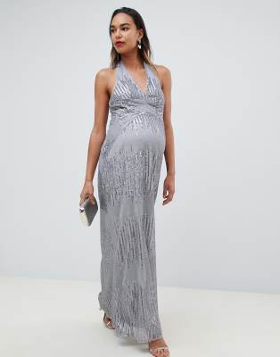 TFNC Maternity sequin maxi dress with open back in silver