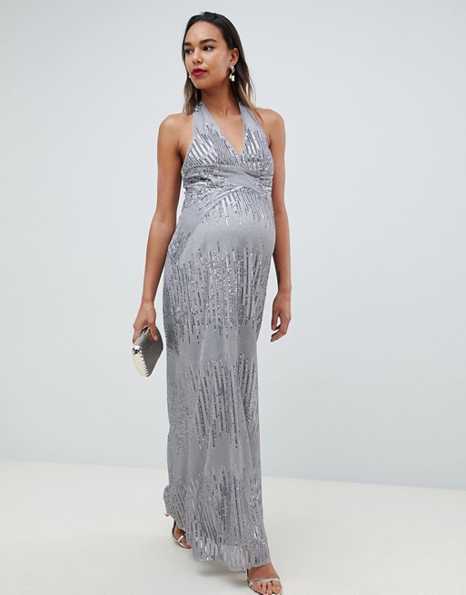 TFNC Maternity sequin maxi dress with open back in silver | ASOS