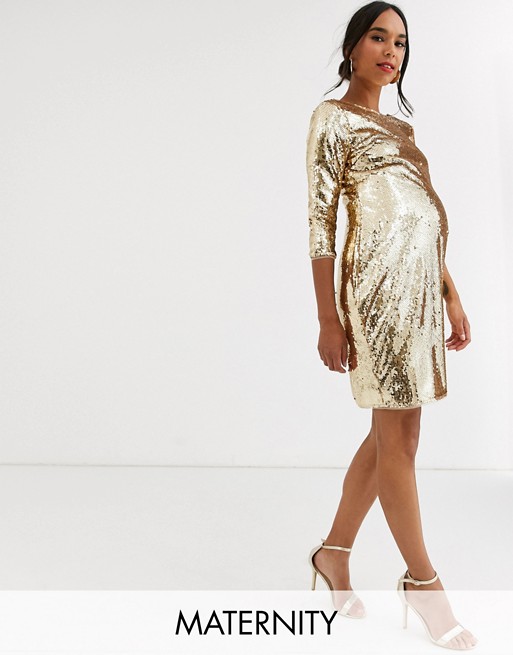 TFNC Maternity sequin mini bodycon dress in liquid gold