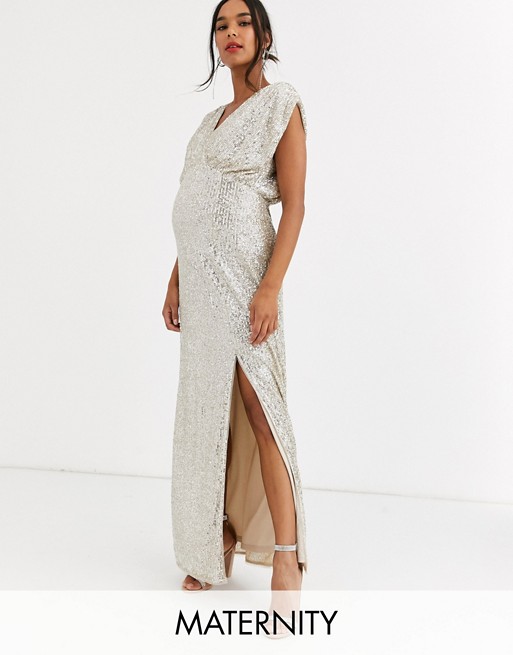 TFNC Maternity sequin wrap front maxi dress in silver | ASOS