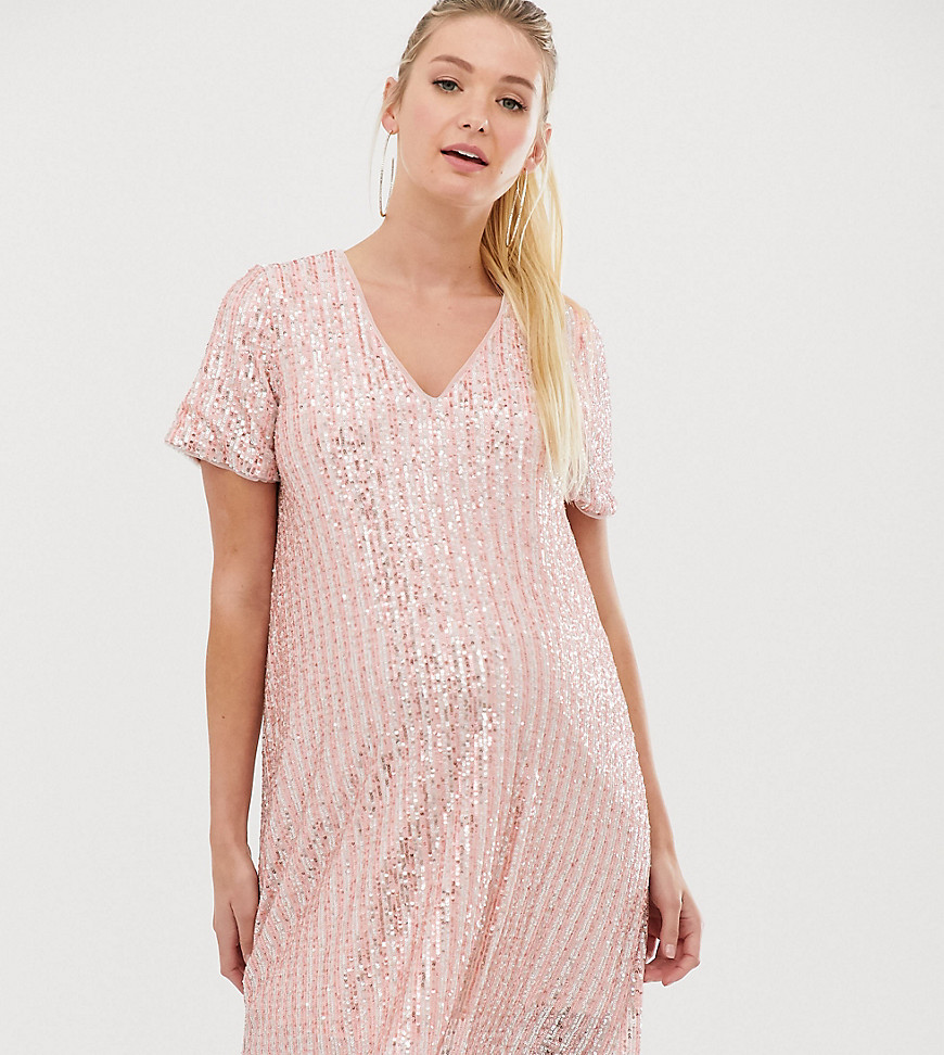 TFNC Maternity stripe sequin t-shirt dress in pink and silver-Multi