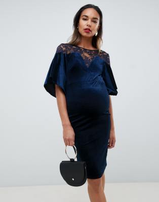 TFNC Maternity velvet midi bodycon dress with lace insert in navy