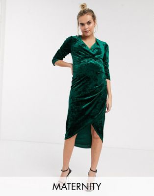 TFNC Maternity velvet midi wrap dress in emerald | ASOS
