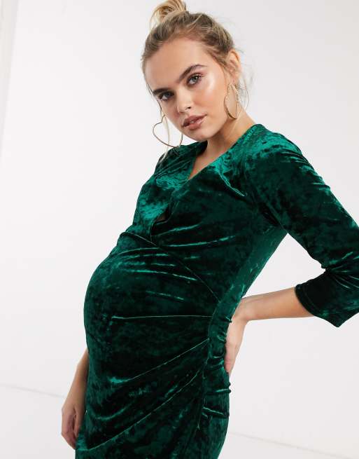TFNC Maternity velvet midi wrap dress in emerald ASOS