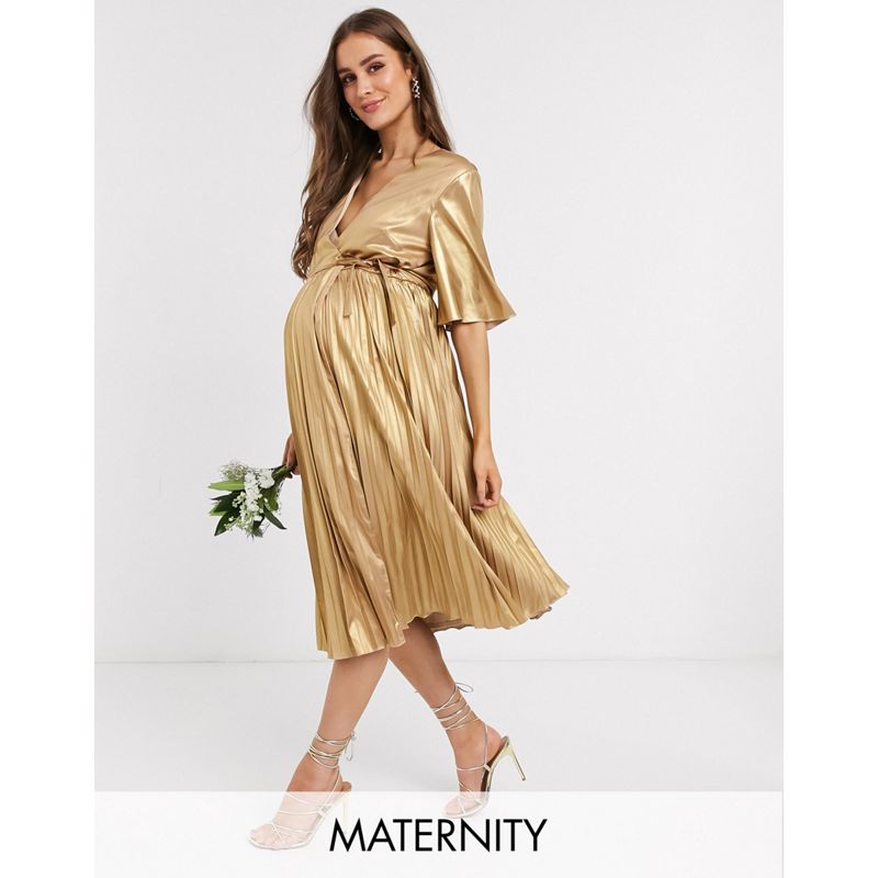 Donna Vestiti TFNC Maternity - Vestito comodo a portafoglio midi a pieghe oro