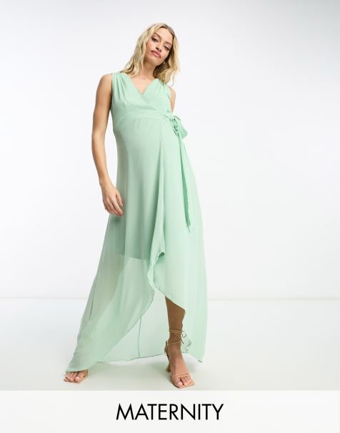 TFNC Maternity - Vestito lungo avvolgente da damigella in chiffon verde salvia - view 1