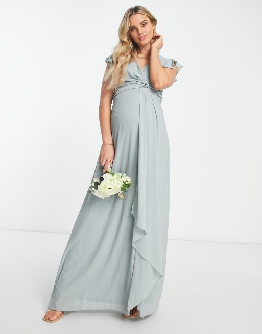 TFNC Maternity - Vestito lungo da damigella verde salvia con bustino incrociato e maniche con volant, 2 di 4