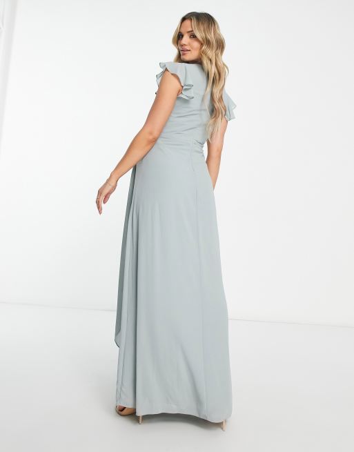 TFNC Maternity - Vestito lungo da damigella verde salvia con bustino incrociato e maniche con volant, 4 di 4