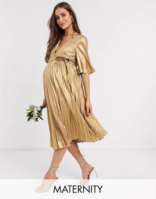 TFNC Maternity wrap front pleated midi dress in gold