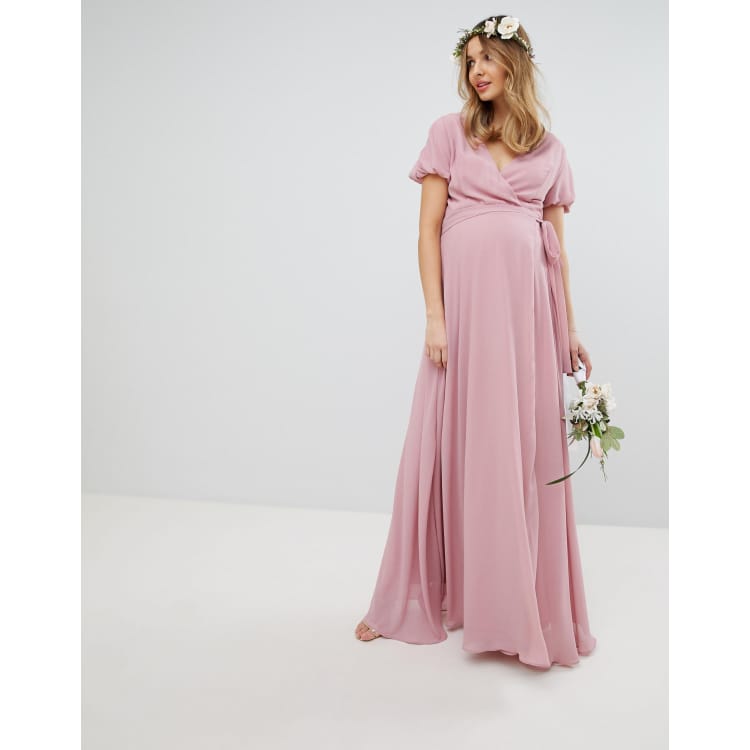 Tfnc wrap maxi bridesmaid dress with tie detail and puff deals sleeves