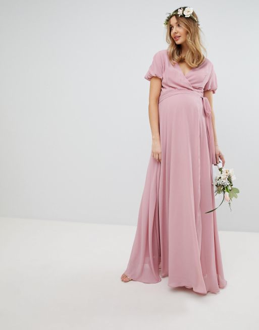 TFNC Maternity Wrap Maxi Bridesmaid Dress With Tie Detail And Puff Sleeves