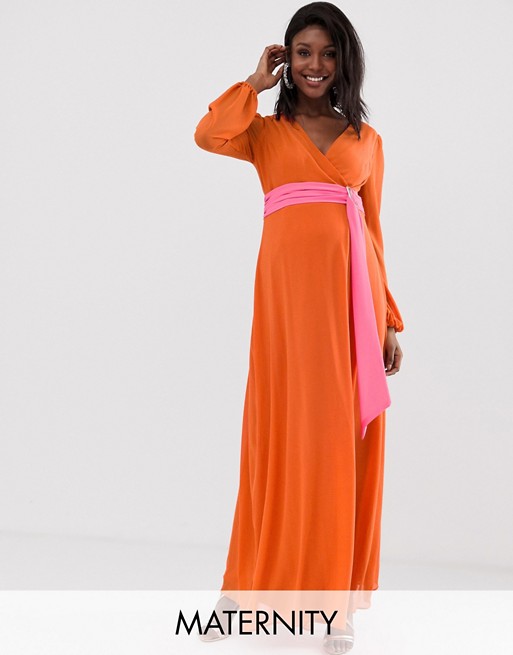 TFNC Maternity wrap maxi dress with contrast waistband in orange
