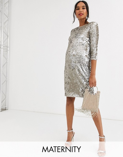 TFNC Materrnity patterned sequin bodycon mini dressin gold and silver