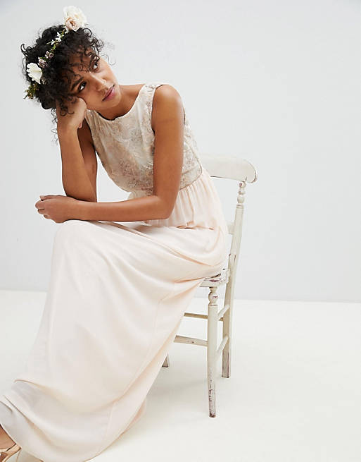 TFNC Maxi Bridesmaid Dress With Soft Floral Sequin Top