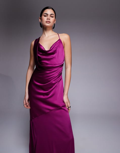 TFNC satin draped neck cross back maxi dress in plum