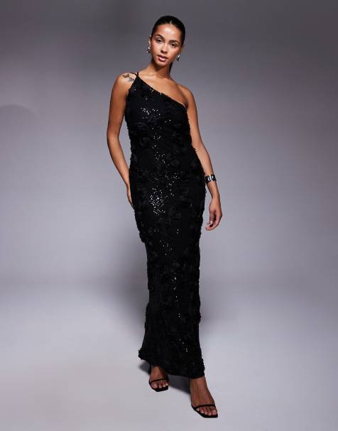 TFNC - Maxi-jurk met blote schouder en bloemmotief met lovertjes in zwart - view 1