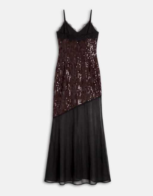 TFNC maxi jurk met lovertjes, cami en kanten details in chocoladebruin, 6 van 8