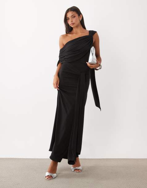 TFNC maxi jurk met slinky drape, blote schouders, knoop en drapedetail in zwart - view 1