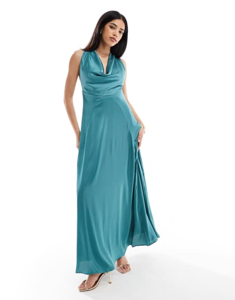 TFNC – Maxikleid aus Satin in Blaugrün mit Wasserfallausschnitt und Rückenausschnitt - view 1