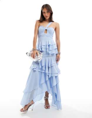 TFNC - Maxikleid in Puderblau mit One-Shoulder-Träger und Rüschenverzierung