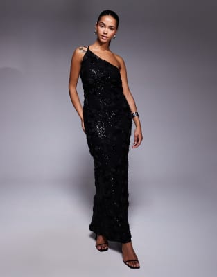 TFNC - Maxikleid in Schwarz mit One-Shoulder-Träger und Pailletten-Blumenmuster