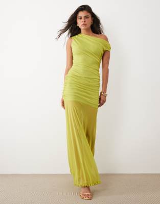 Tfnc Mesh Asymmetric Shoulder Ruched Sheer Skirt Maxi Dress In Green