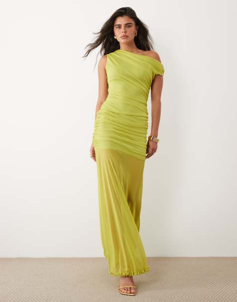TFNC mesh asymmetric shoulder ruched sheer skirt maxi dress in lime - view 1