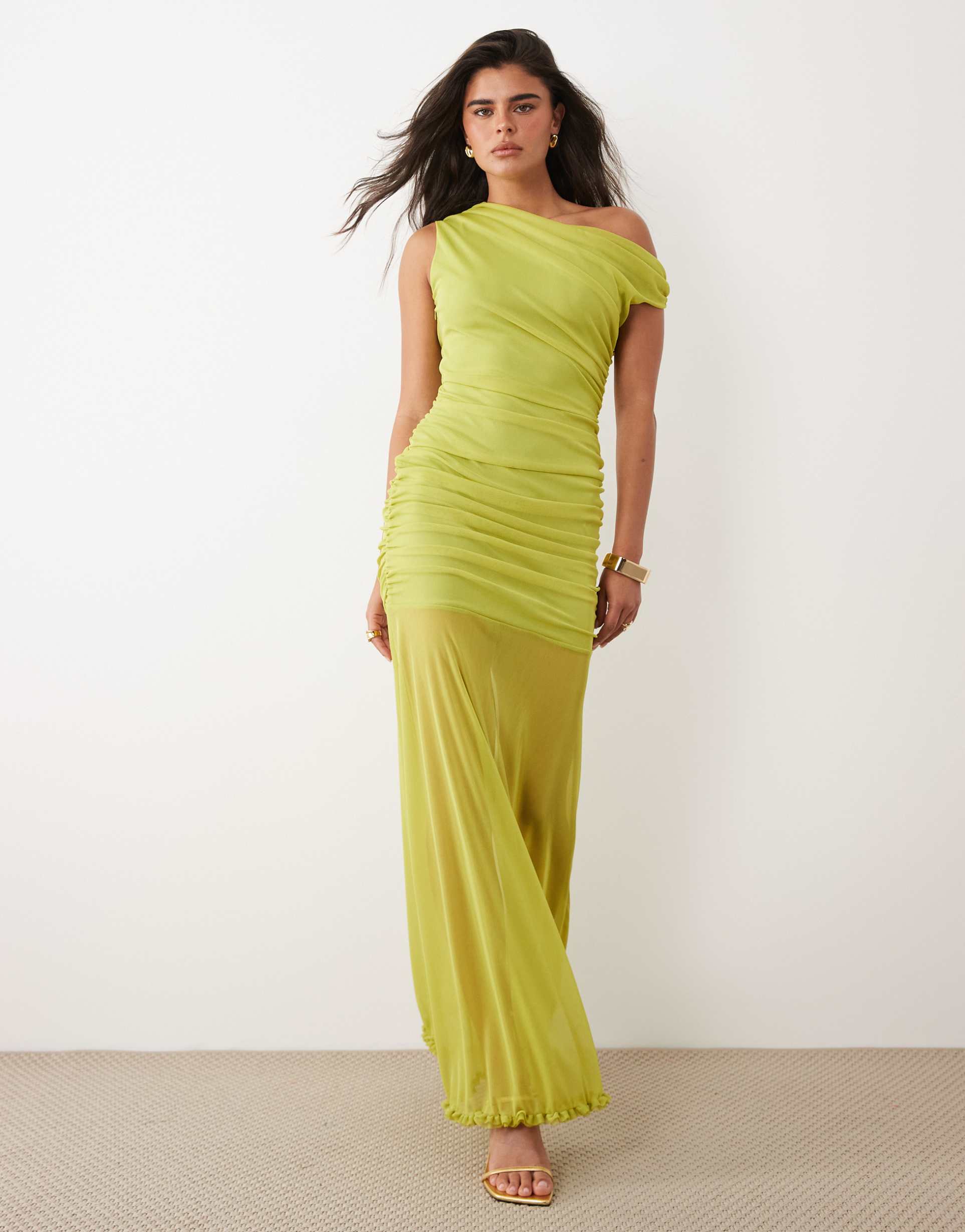 tfnc mesh asymmetric shoulder ruched sheer skirt maxi dress in lime