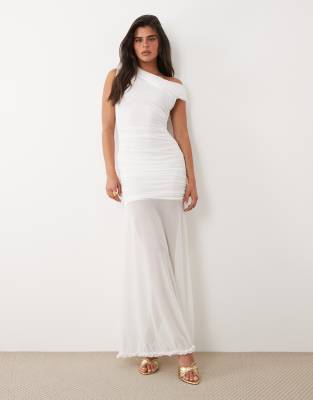 Tfnc Mesh Asymmetric Off-shoulder Ruched Sheer Skirt Maxi Dress In White