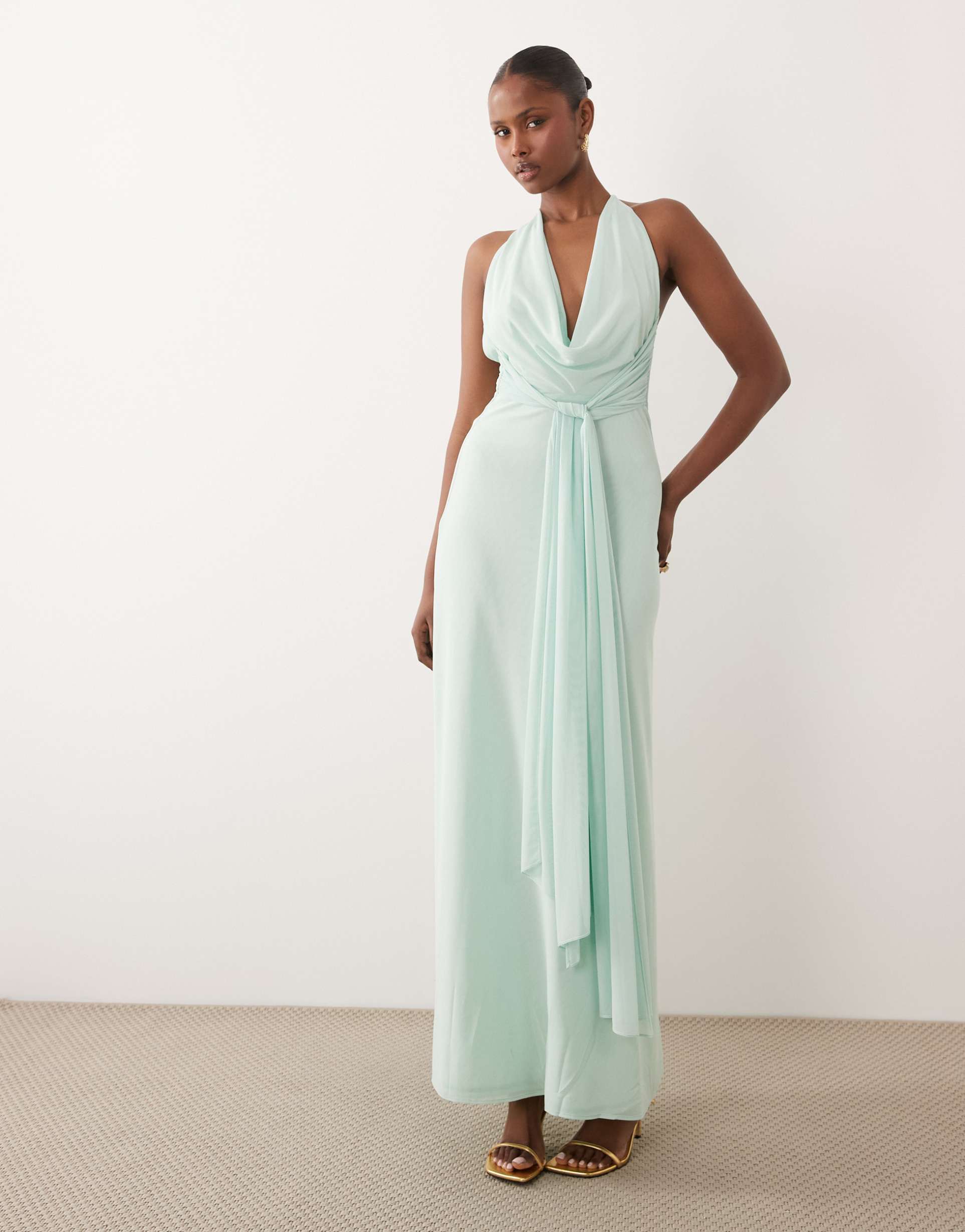 tfnc mesh cami halter backless maxi dress in light aqua