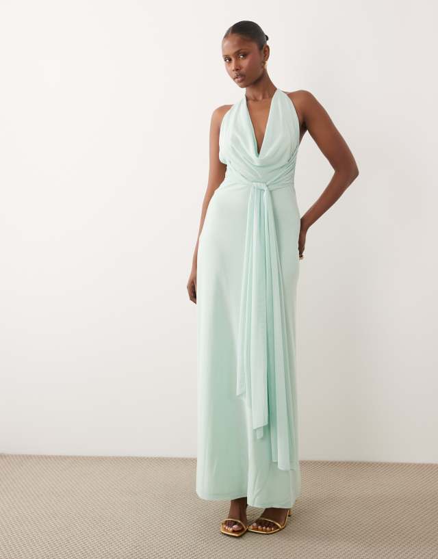 aqua backless dress TFNC mesh cami halter maxi in light COLOUR:BUTTER YELLOW category_slip-dresses Massey Bust Draping Low Hand Wash Cold