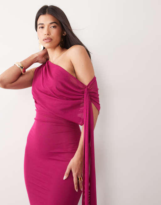 TFNC mesh draped one shoulder tie detail maxi dress in berry, 2 of 4
