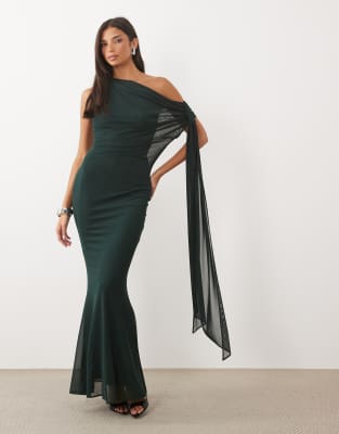Tfnc Mesh Draped One Shoulder Tie Detail Maxi Dress In Green